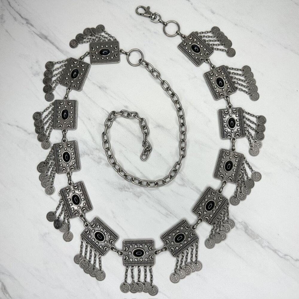 Chunky Black Cabochon Square Medallion Coin Fringe Chain Belt One Size (OS) ✨